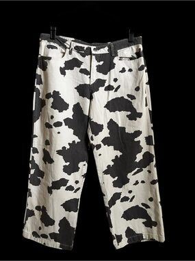 NWT Gray and Off White Cow Print Wide Leg Denim Jeans Size L (will fit up)